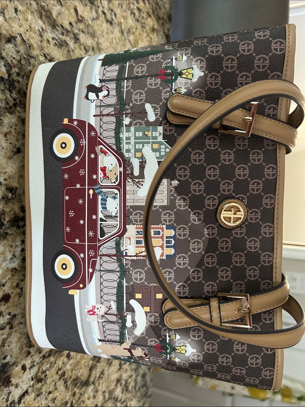 Women’s Brown Patterned Tote Bag with Holiday Print